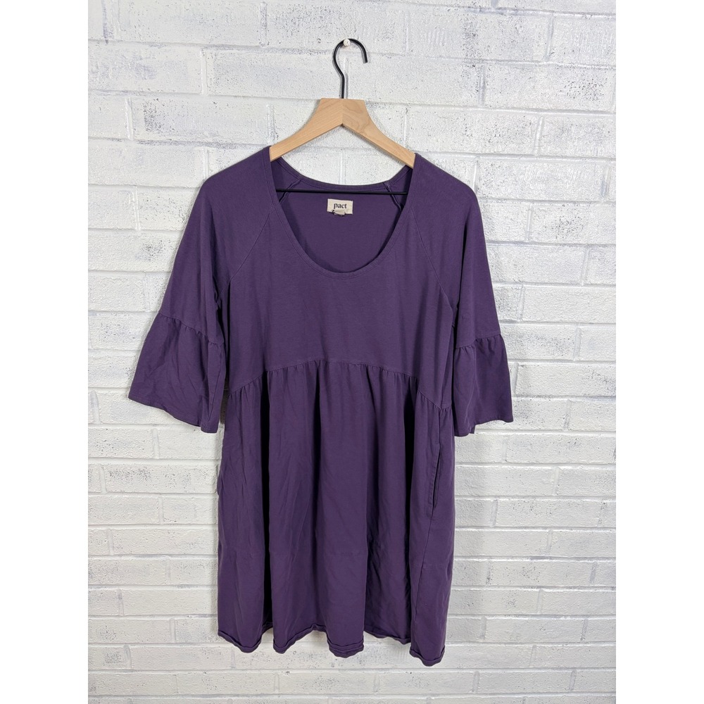 Pact Organic Cotton Tiered Dress Womens M Purple Bell Sleeve Pockets